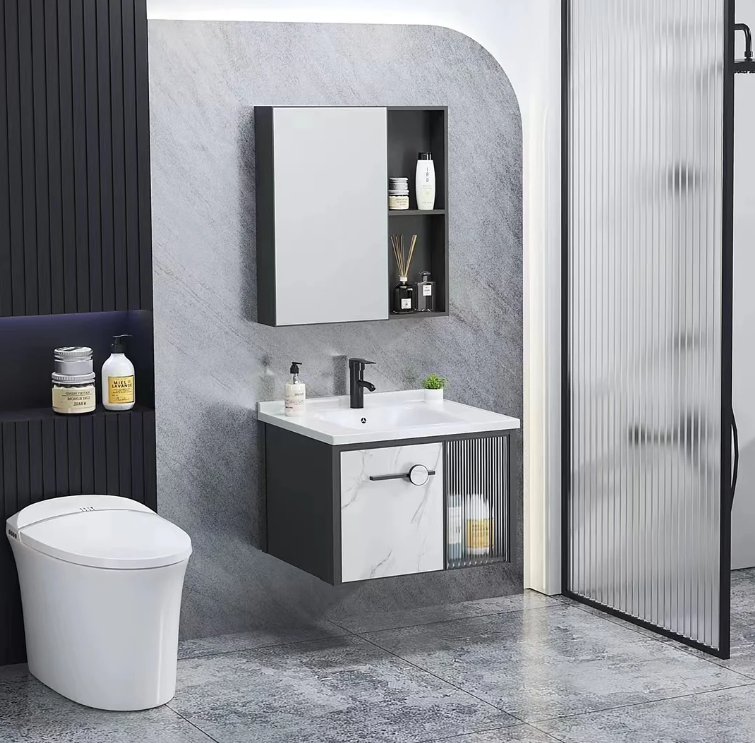 BLACK & CREAM ALUMINIUM BATHROOM VANITY WITH CABINET & MIRROR SMALL