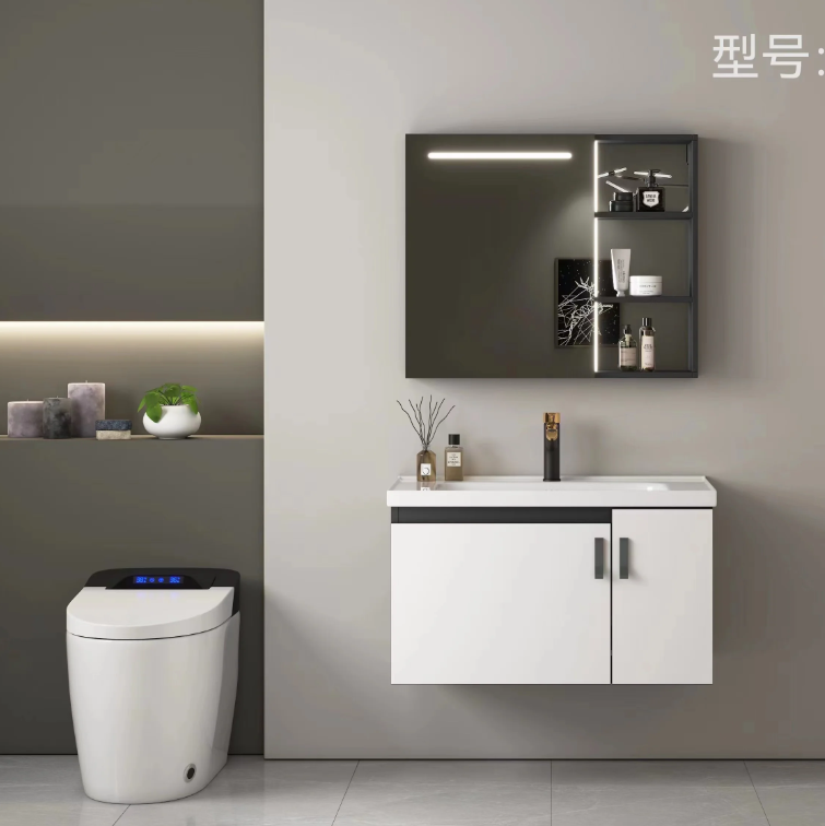 WHITE ALUMINIUM BATHROOM VANITY WITH CABINET & MIRROR MEDIUM