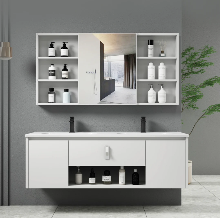 WHITE ALUMINIUM BATHROOM VANITY WITH CABINET & MIRROR