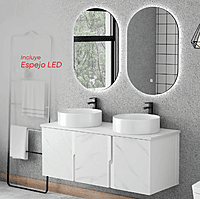 WHITE ALUMINIUM BATHROOM VANITY WITH SINKS & 2 LED MIRRORS