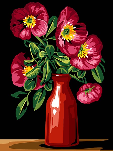 Fiori in vaso corallo Tela da ricamare a mezzopunto su sfondo nero Fiori in vaso corallo Tela da ricamare a mezzopunto su sfondo nero