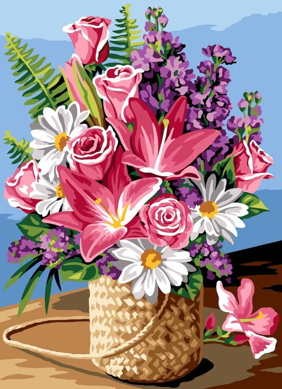 Cestino con Bouquet - tela per ricamo a mezzopunto Cestino con Bouquet - tela per ricamo a mezzopunto