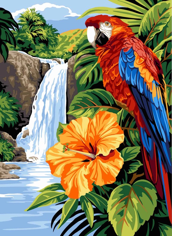 Tela Ricamo Mezzopunto Pappagallo Tropicale con Cascata Tela Ricamo Mezzopunto Pappagallo Tropicale con Cascata