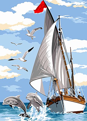 Tela Ricamo Mezzopunto Barca a Vela con Delfini