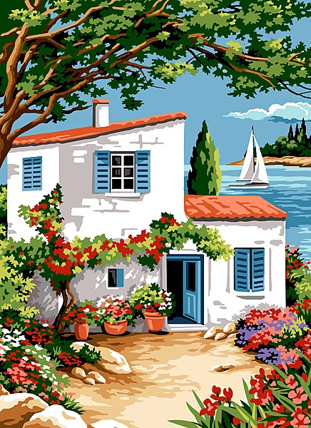 Sogno Egeo - Tela da Ricamare con Casa Bianca, Mare e Bougainville