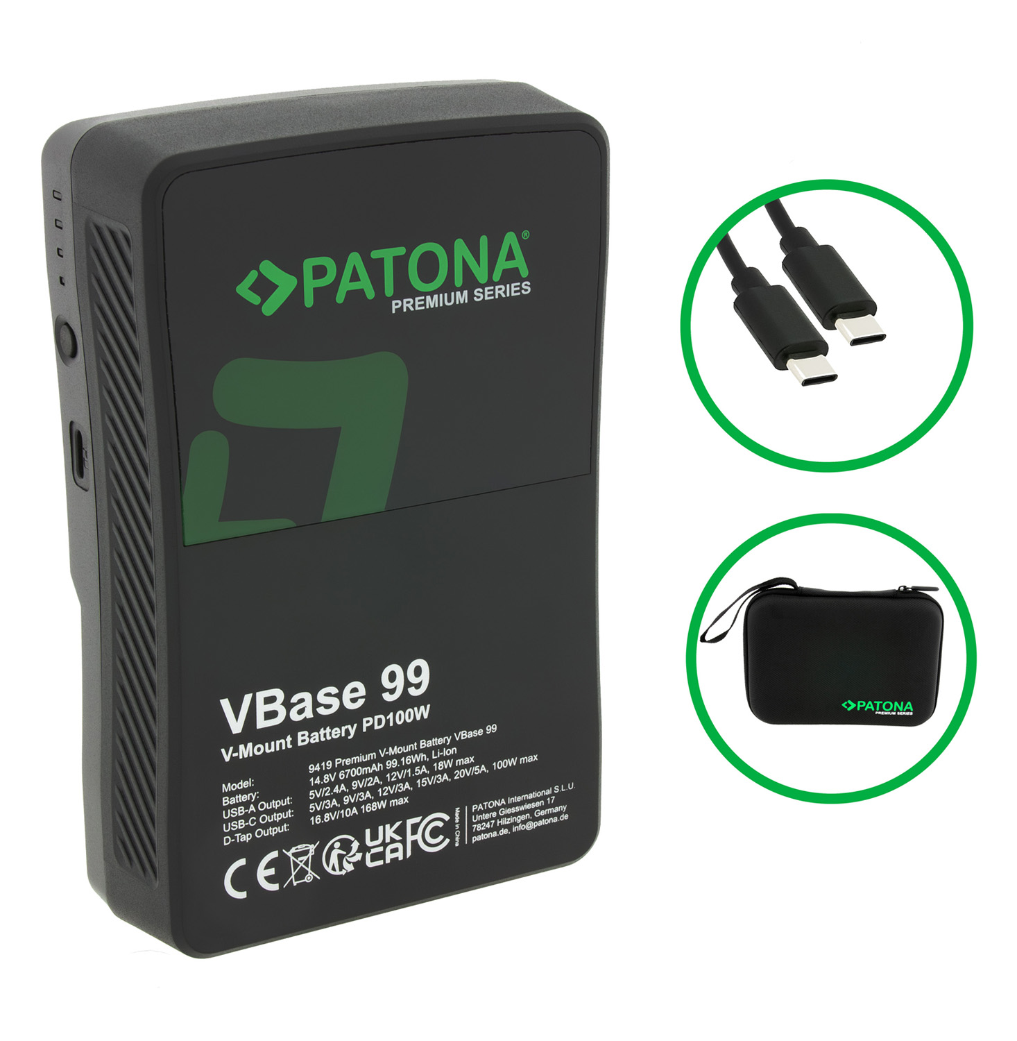 PATONA Premium V-Mount battery VBase 99 PD100W 99Wh USB-C USB-A D-Tap Samsung cells incl. hardcase PATONA Premium V-Mount battery VBase 99 PD100W 99Wh USB-C USB-A D-Tap Samsung cells incl. hardcase