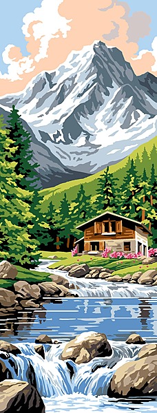Tela da ricamo a mezzopunto conChalet Alpino con Torrente