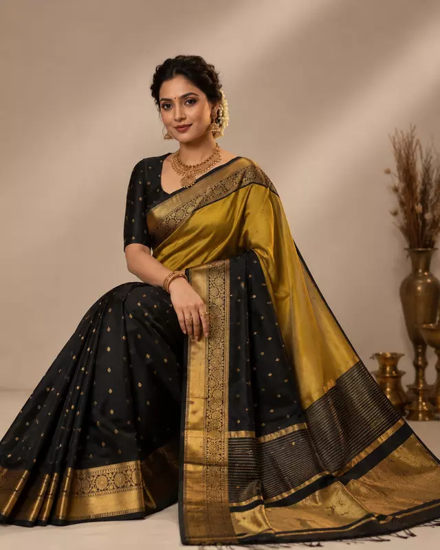 Mustard Gold with Black Banarasi silk