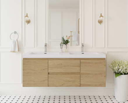 60" Floating Vanity with Double Sinks – Natural Oak