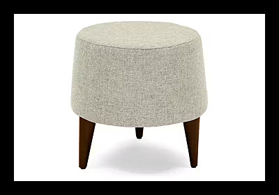 Modern Round Grey Ottoman | Upholstered Linen-Look Footstool with Tapered Wood Legs