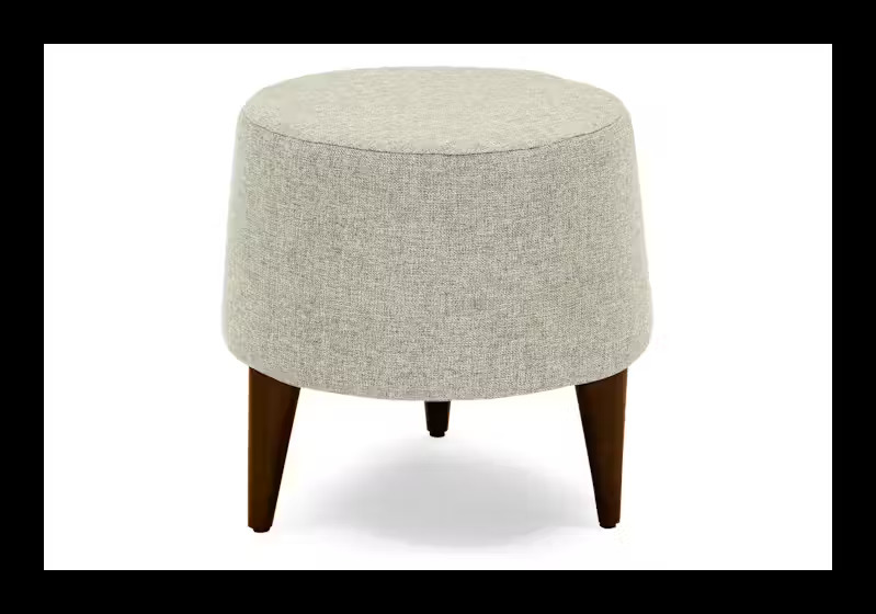 Modern Round Grey Ottoman | Upholstered Linen-Look Footstool with Tapered Wood Legs Modern Round Grey Ottoman | Upholstered Linen-Look Footstool with Tapered Wood Legs