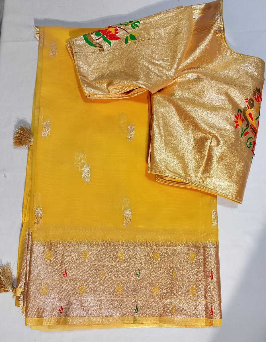 J301: Ready To Ship Beautiful Paithani Tissue Silk Saree With Stitched Blouse