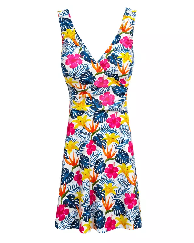 Women's Tropical Floral Print V-Neck Swim Dress