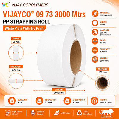 VIJAYCO® 09 73 3000 Mtrs PP Strapping Roll White Plain With No Print