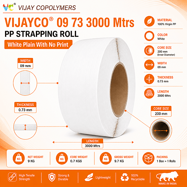 VIJAYCO® 09 73 3000 Mtrs PP Strapping Roll White Plain With No Print