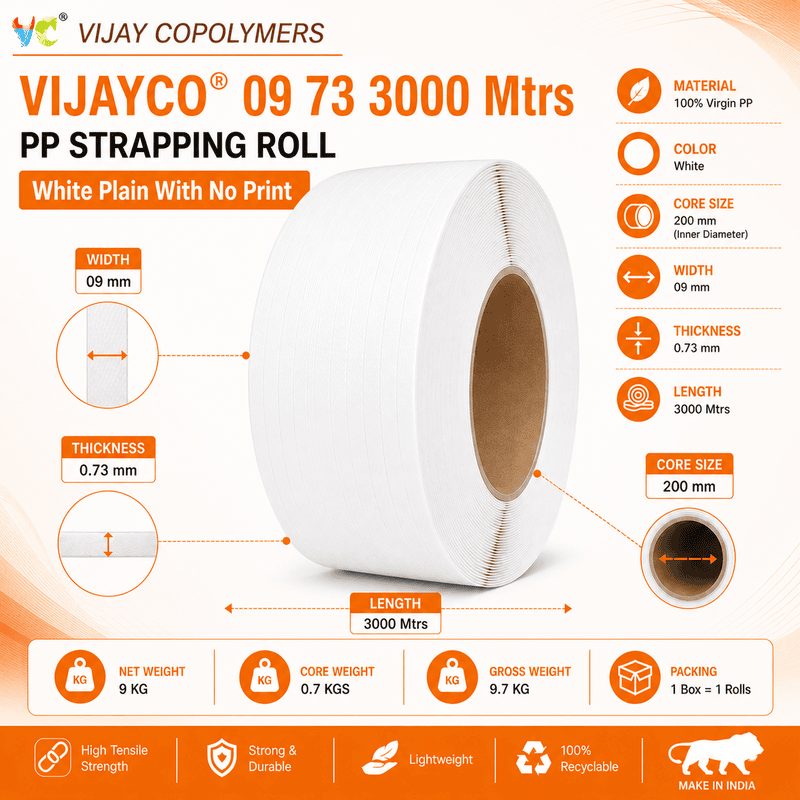 VIJAYCO® 09 73 3000 Mtrs PP Strapping Roll White Plain With No Print