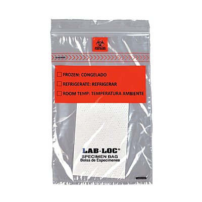 Specimen Transport Bag with Document Pouch and Absorbent Pad Lab-Loc® 6 X 9 Inch Zip Closure Biohazard Symbol / Storage Instructions NonSterile
