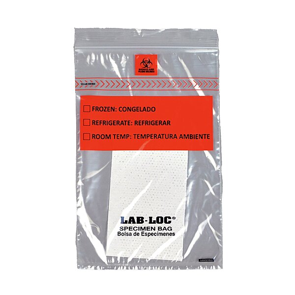 Specimen Transport Bag with Document Pouch and Absorbent Pad Lab-Loc® 6 X 9 Inch Zip Closure Biohazard Symbol / Storage Instructions NonSterile