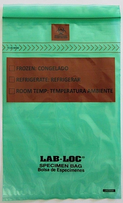 Specimen Transport Bag with Document Pouch Lab-Loc® 6 X 9 Inch Zip Closure Biohazard Symbol / Storage Instructions NonSterile Green