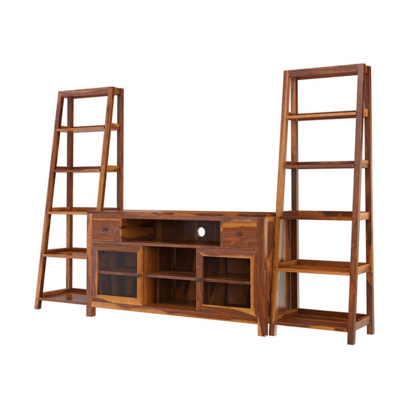 Sheesham Wood Entertainment Unit with Ladder Shelves – TV Cabinet & Display Storage Combo Sheesham Wood Entertainment Unit with Ladder Shelves – TV Cabinet & Display Storage Combo