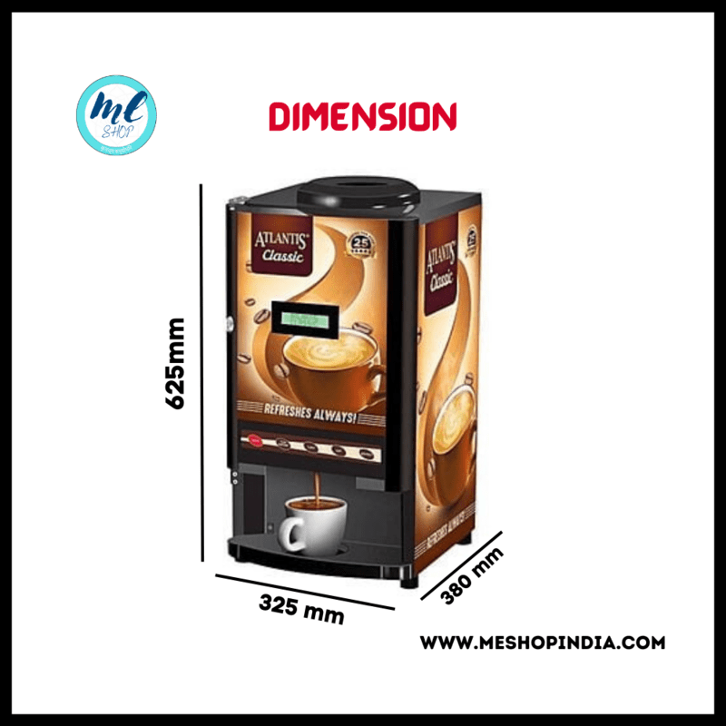 Atlantis Classic 2 lane Tea and Coffee vending machine dimension chart