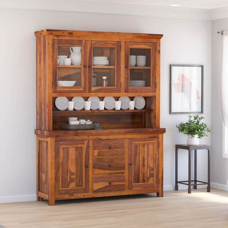 Solid Sheesham Wood Crockery Cabinet with Glass Doors – Hutch Style Display & Storage Unit Solid Sheesham Wood Crockery Cabinet with Glass Doors – Hutch Style Display & Storage Unit
