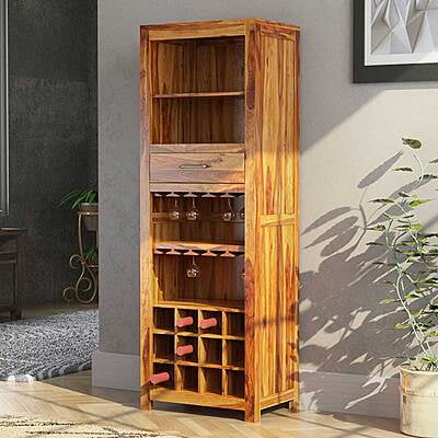 Solid Sheesham Wood Bar Cabinet with Wine Rack & Glass Holder | Tall Liquor Unit