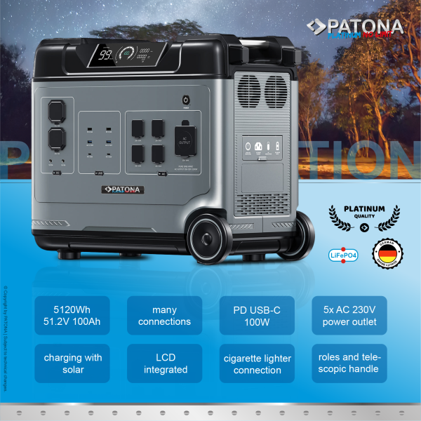 PATONA Platinum Powerstation Autarc 5000 Pro / 5120Wh PD100W USB-C USB-A QC AC DC / LiFePO4