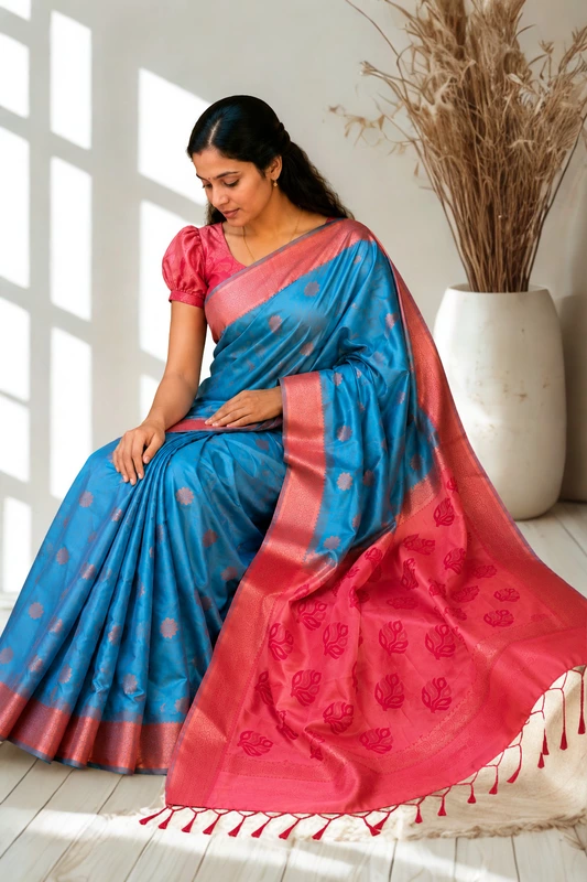 Premium Soft Silk Skyblue With Orange