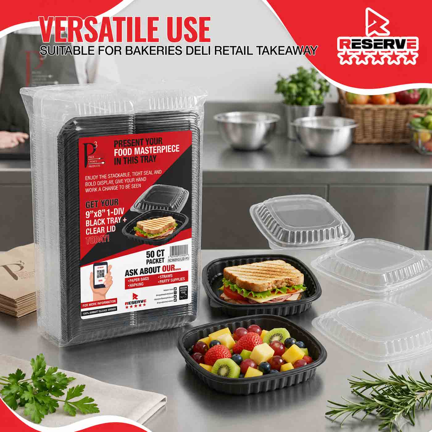 9x8 Clamshell Tray 1 Div Reserve Blk 3/50