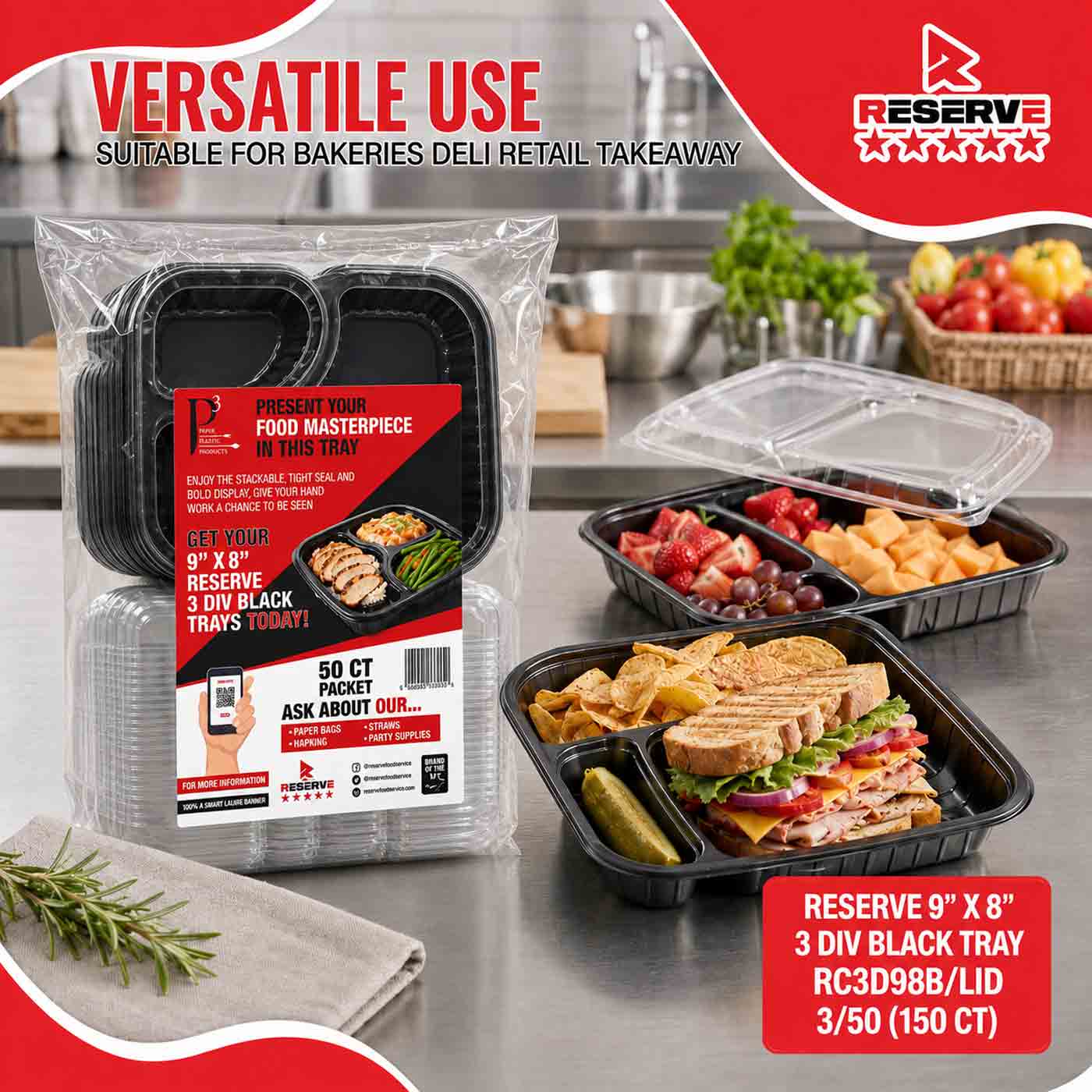9x8 Clamshell Tray Tray 3 Div Reserve Blk 3/50