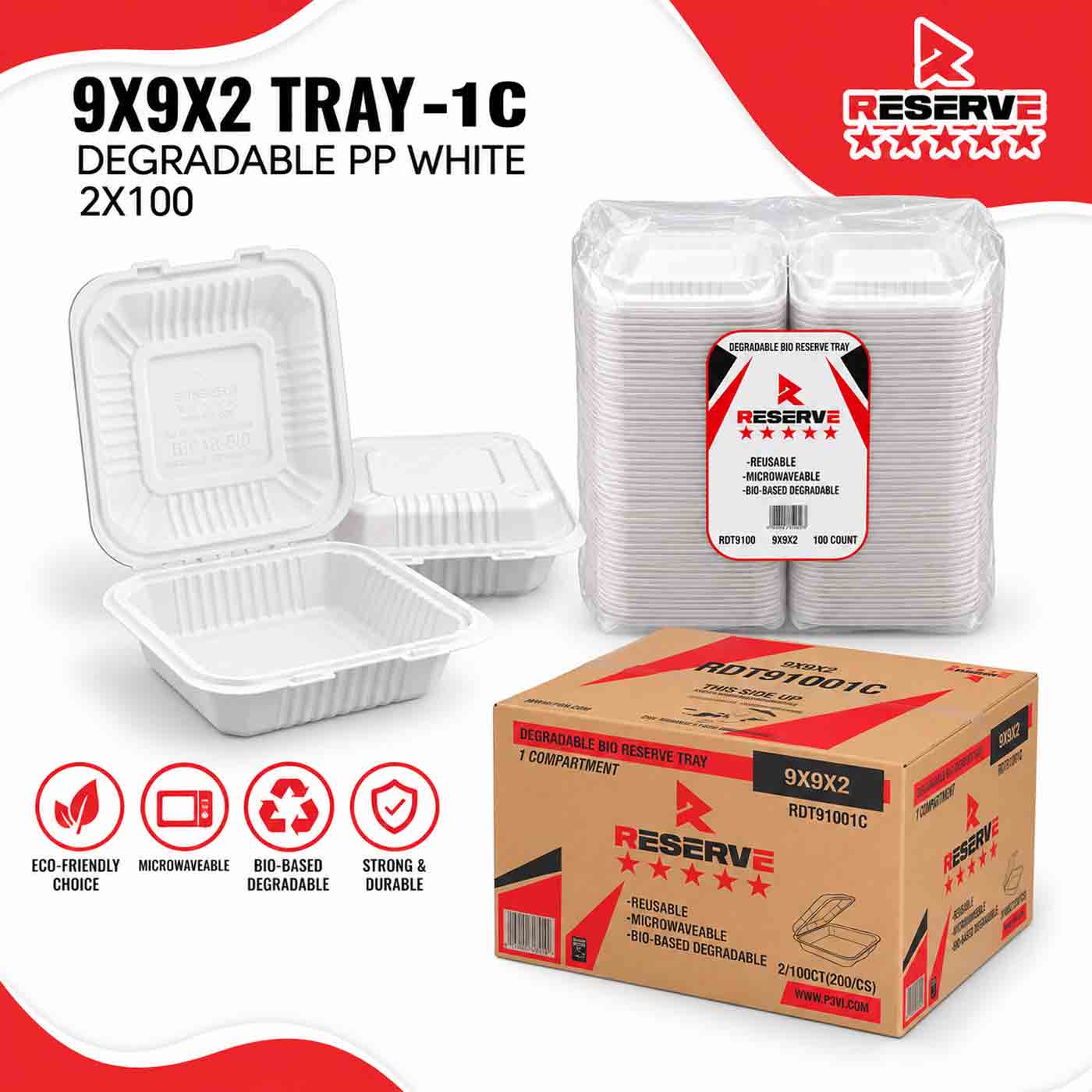 9x9x2 Degradable PP Reserve Tray 2x100 - 1C PP White