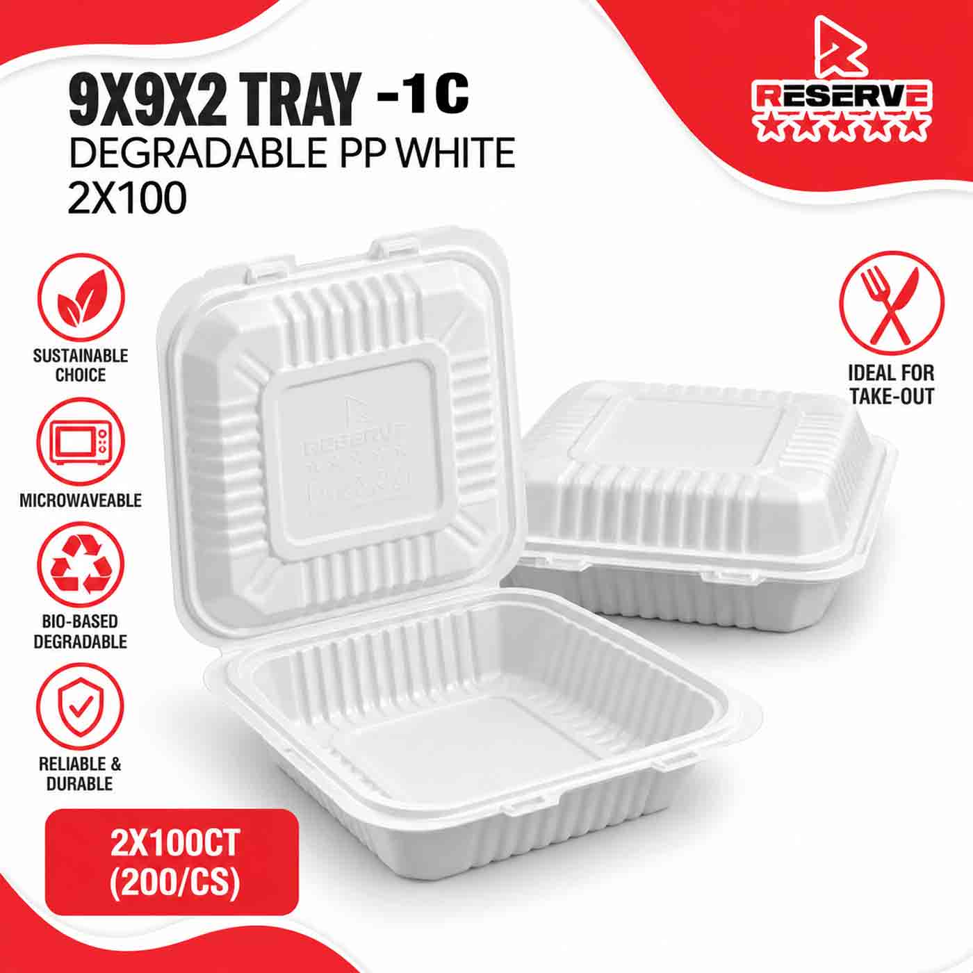 9x9x2 Degradable PP Reserve Tray 2x100 - 1C PP White
