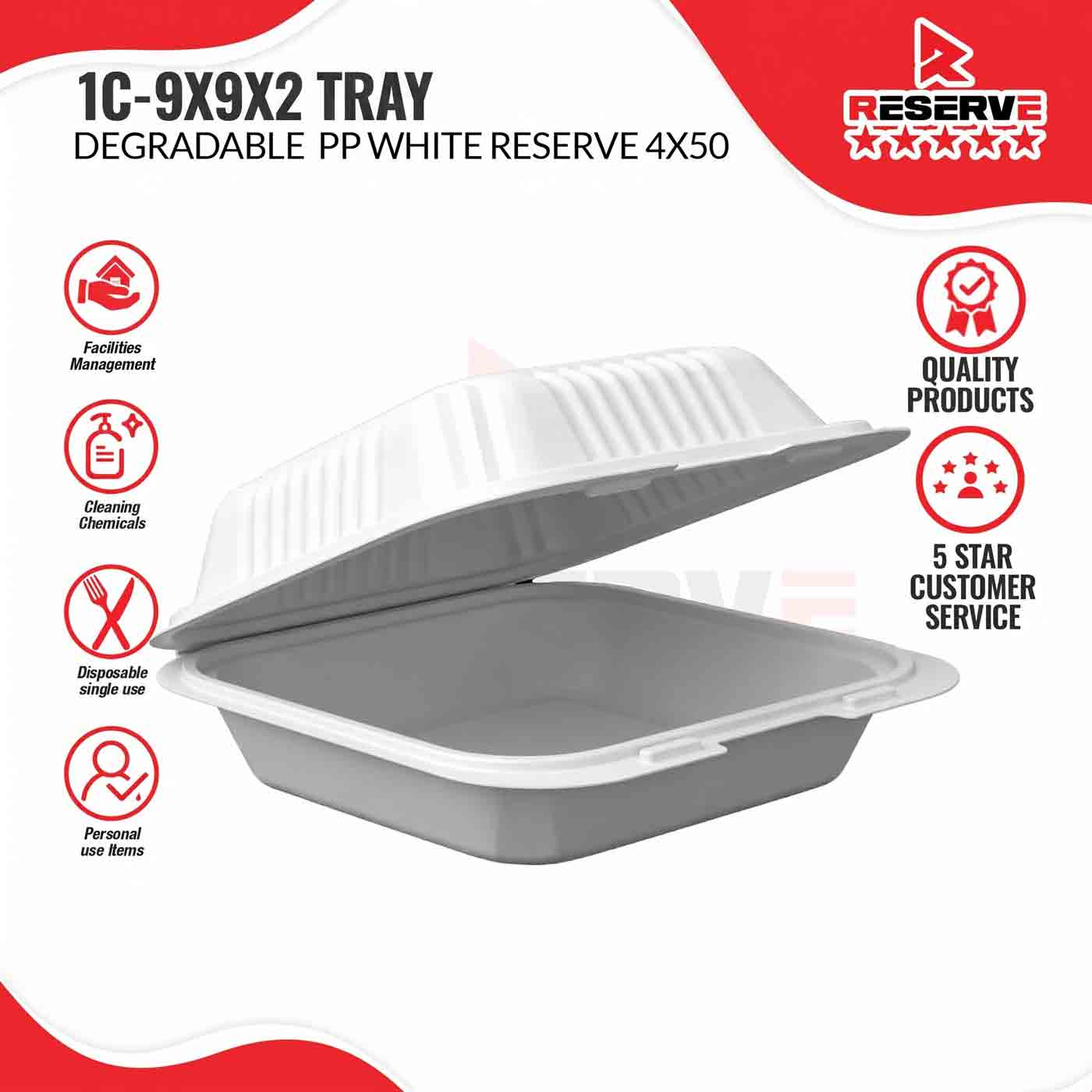 9x9x2 Degradable PP Reserve Tray 4/50 - 1C PP White
