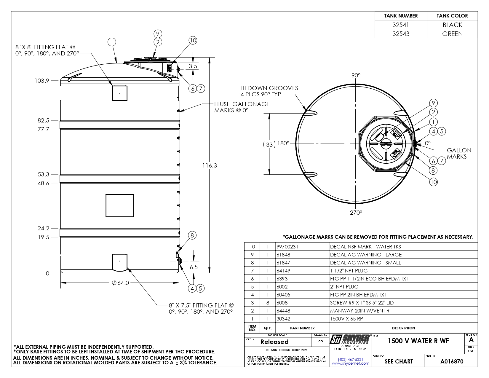 Snyder 1500 Gallon Black Vertical Water Storage Tank
