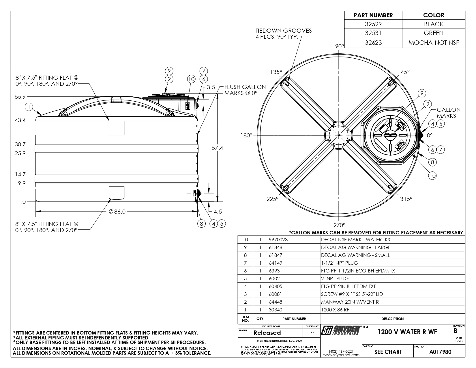 Snyder Industries 1200 Gallon Green Water Tank
