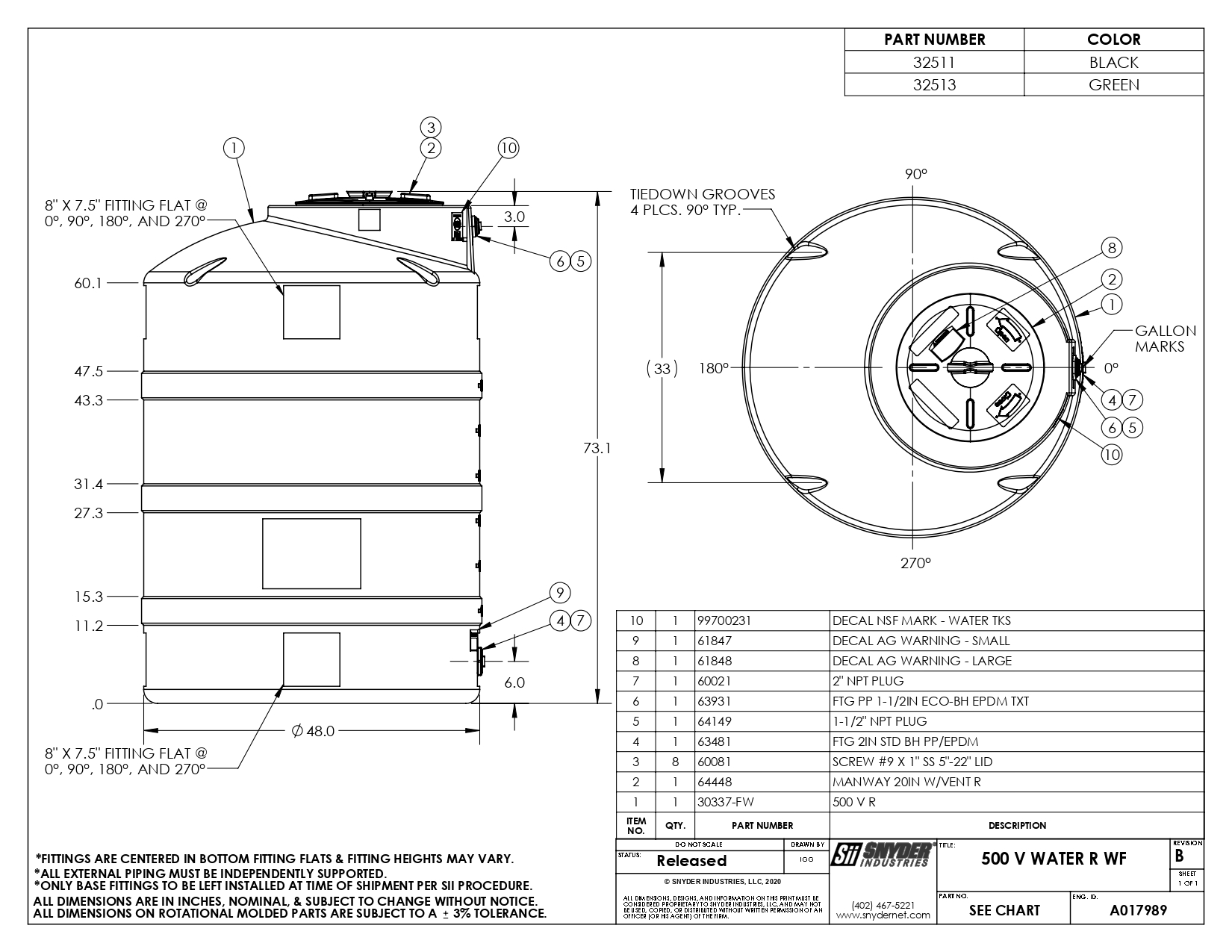 Snyder Industries 500 Gallon Green Vertical Water Storage Tank