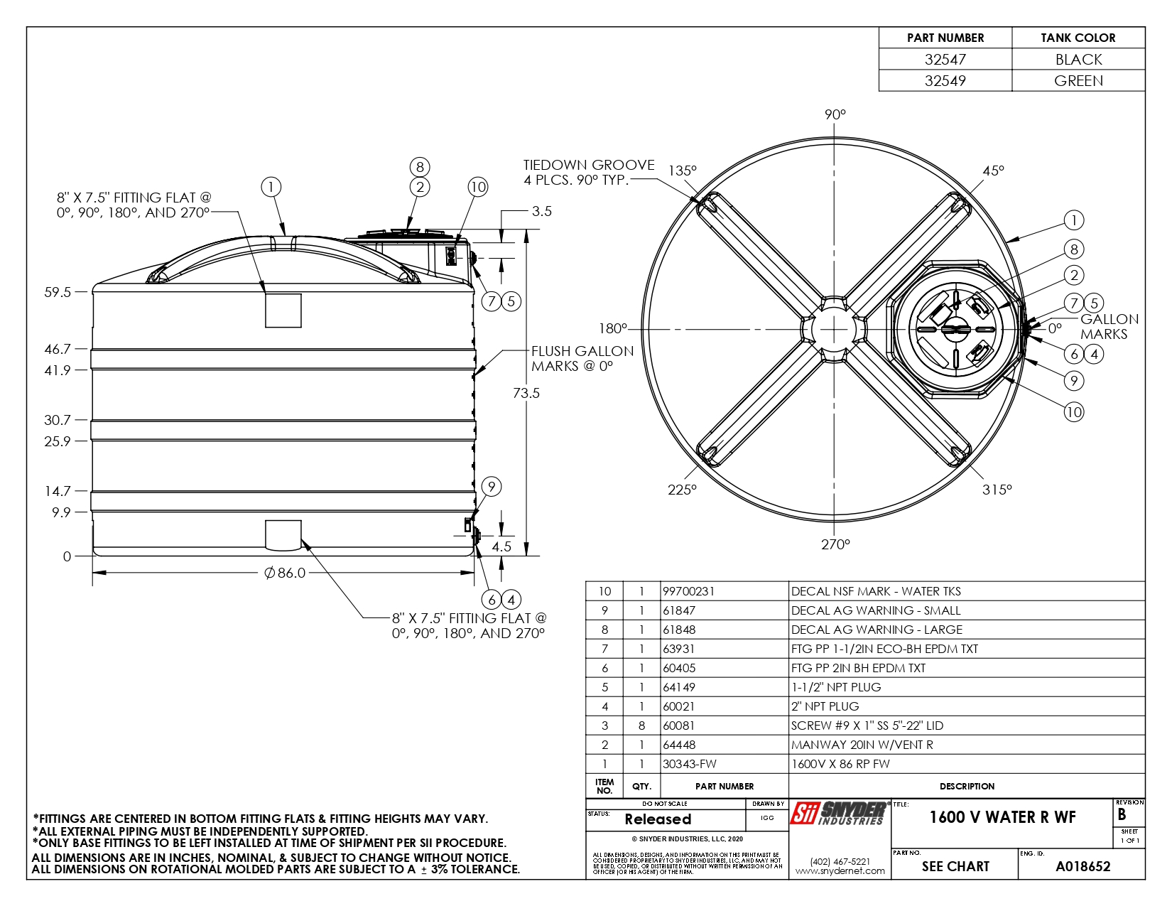 Snyder Industries 1600 Gallon Green Vertical Water Tank