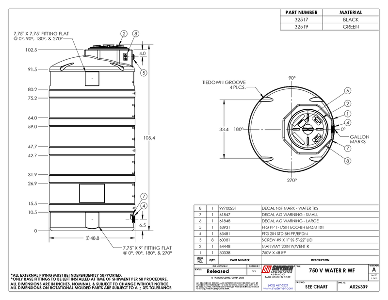 Snyder Industries 750 Gallon Green Vertical Water Tank