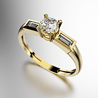 ANILLO SOLITARIO PIEDRA CENTRAL REDONDA CON UNA PIEDRA BAGUETTE VIROLA DE CADA COSTADO (MOD. A051)