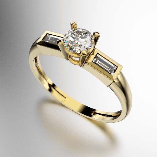 ANILLO SOLITARIO PIEDRA CENTRAL REDONDA CON UNA PIEDRA BAGUETTE VIROLA DE CADA COSTADO (MOD. A051)