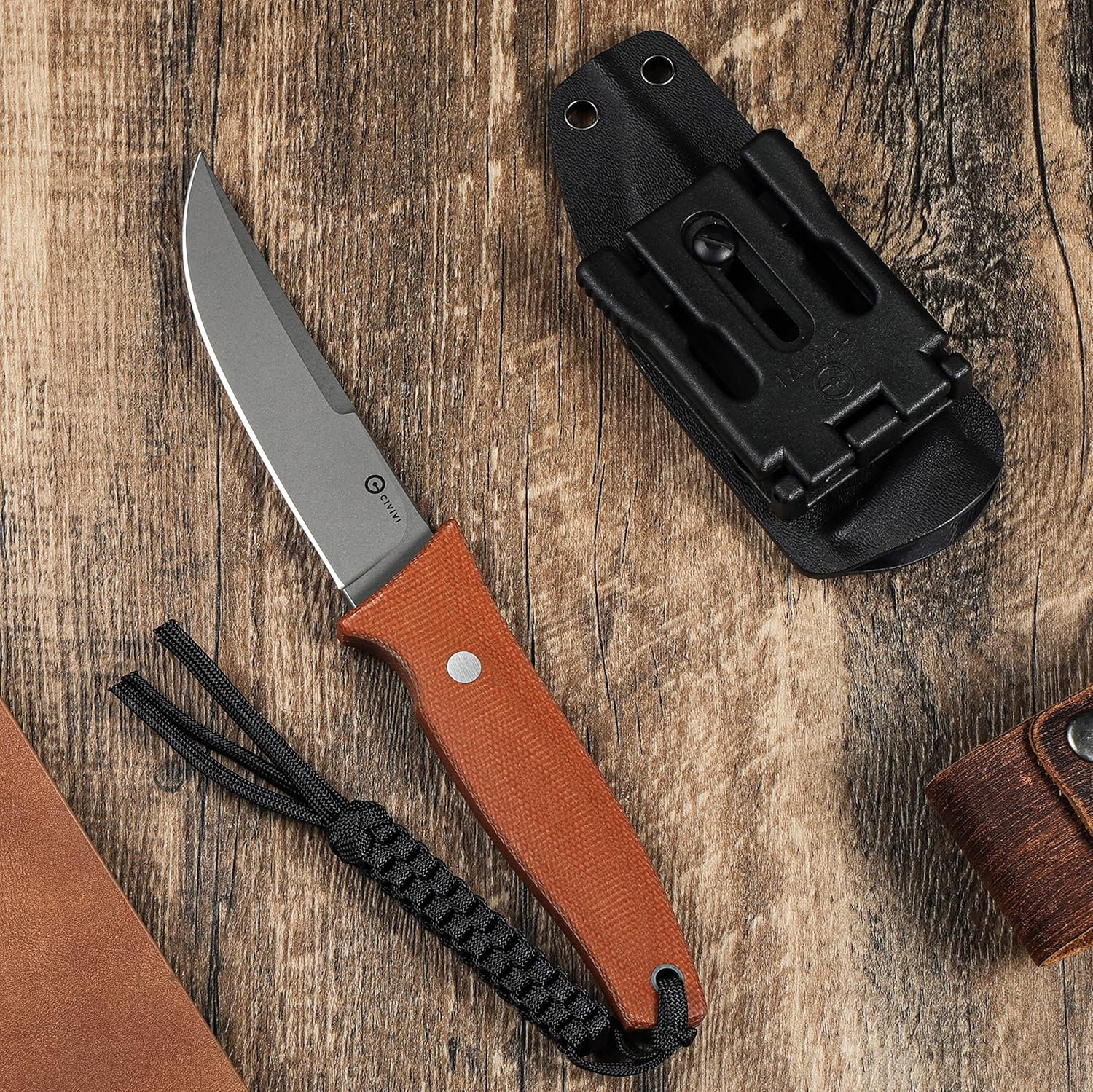 CIVIVI Tamashii Fixed Blade Knife, 4.07" D2 Blade Canvas Micarta Handle with A Kydex Sheath, T-clip