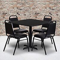 Flash Furniture 5-Piece 36" Square Laminate Dining Table/Chairs Set, Restaurant Dining Set with Table, X-Base, and 4 Trapezoidal Back Chairs, Black Black Top/Black Vinyl Seat