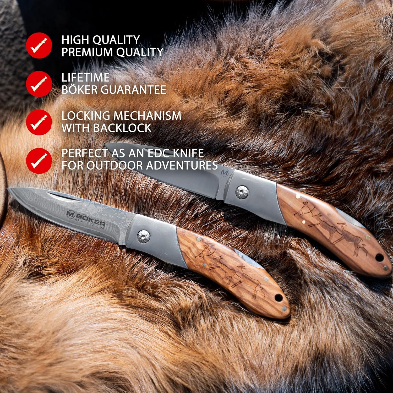 Boker Magnum 01RY818DAM Caveman Damascus Pocket Knife with 3 1/4 in. Damascus Steel Blade, Brown