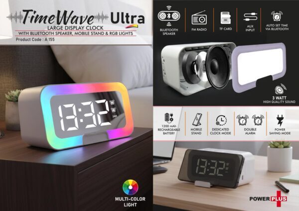 TimeWave Ultra: Large Clock with Bluetooth speaker, Mobile Stand & RGB Lights