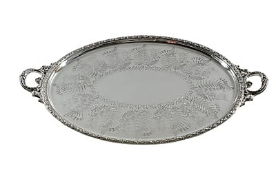 Oval Elaborate Fern Leaf Engraved Tray 29"l x 18.75"w English Silver Plate c.1870
