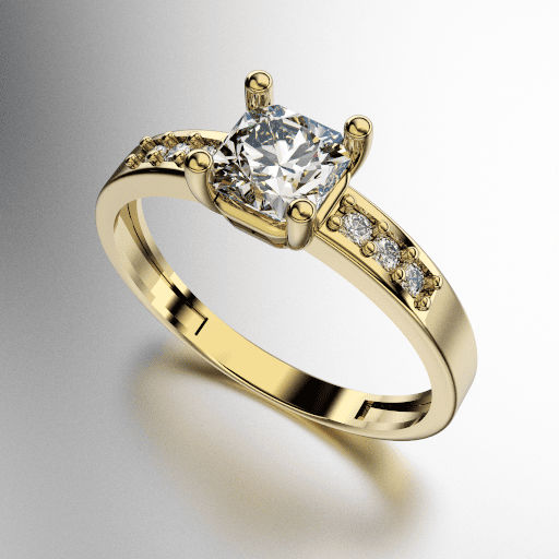 ANILLO SOLITARIO CARRE OCHAVADO CON PIEDRAS DE COSTADO (MOD. A181)