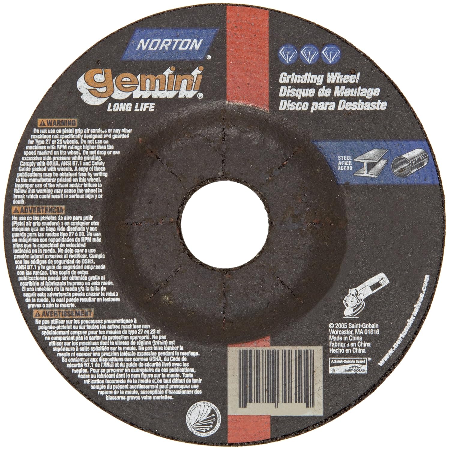 Norton Gemini Depressed Center Abrasive Wheel, Type 27, Aluminum Oxide, 7/8" Arbor, 6" Diameter x 1/8" Thickness (Pack of 2)