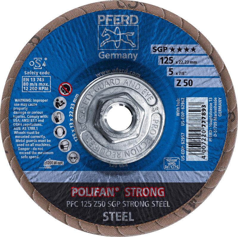 4-1/2" POLIFAN®-Strong Flap Disc SGP, Conical, 50 Grit Zirconia - 5/8-11 THD. 4-1/2 Inches 50 5/8-11 Inches Threaded Hole
