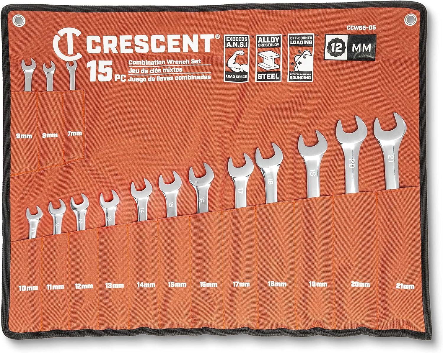 Crescent 15 Piece 12 Point Metric Combination Wrench Set with Tool Roll - CCWS5-05